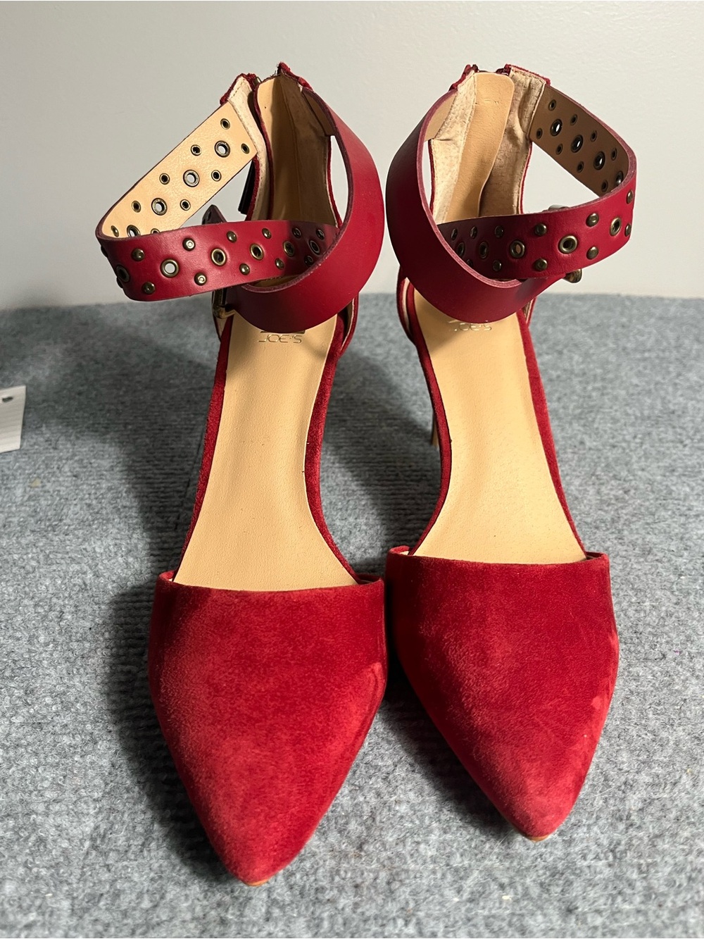 Red Suede Pointed Toe Ankle-Strap Heels with Stud Detail